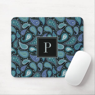 Elegant Blue Paisley Pattern Monogram Mouse Pad