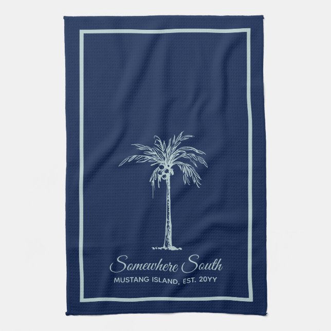 Elegant Blue Pale Teal Palm Tree Personalized Kitchen Towel (Vertical)