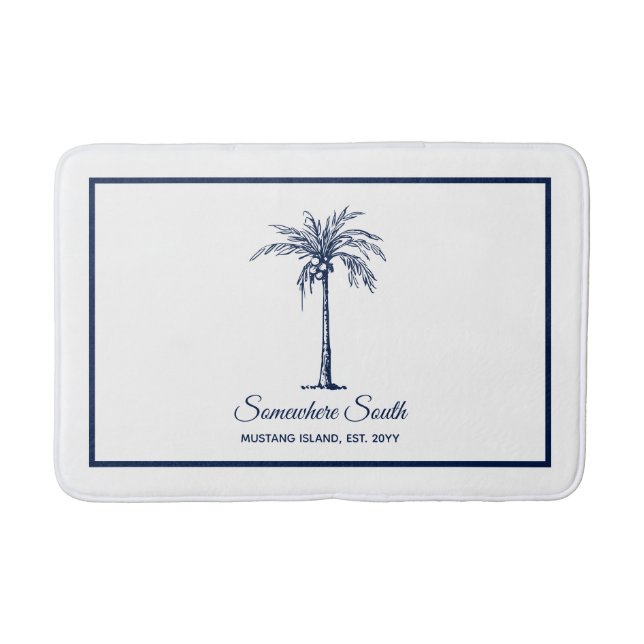 Elegant Blue Palm Tree Personalized Bath Mat (Front)