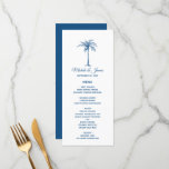 Elegant Blue Palm Tree Tropical Beach Wedding Menu<br><div class="desc">Provide your guests with this tropical wedding menu design featuring modern script,  blue text and an artistic palm tree. A coordinating blue background is on the back. Please contact me if you need help or a custom order.</div>