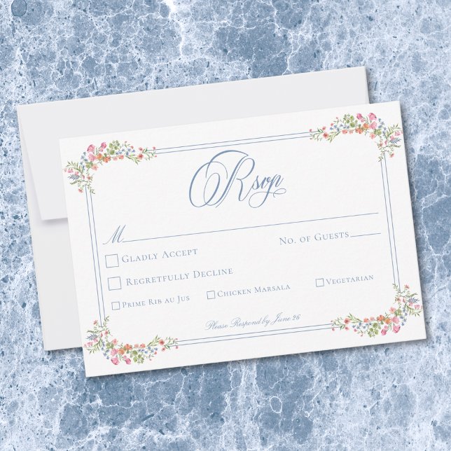Elegant Blue Pastel Wildflower Border Wedding RSVP Card (Elegant Blue Pastel Wildflower Border Wedding RSVP Card)