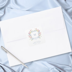 Elegant Blue Pastel Wildflower Crest Bridal Shower Square Sticker