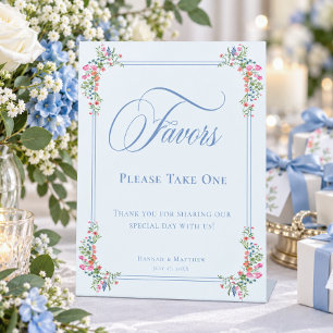Elegant Blue Pastel Wildflower Crest Wedding Favou Pedestal Sign