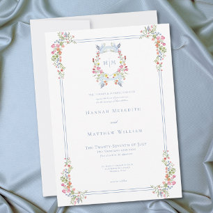 Elegant Blue Pastel Wildflower Regal Crest Wedding Invitation