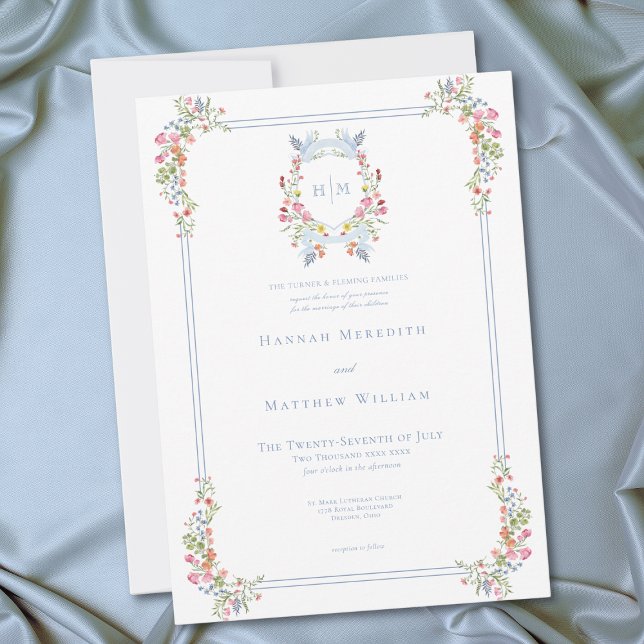 Elegant Blue Pastel Wildflower Regal Crest Wedding Invitation (Elegant Blue Pastel Wildflower Regal Crest Wedding Invitation)