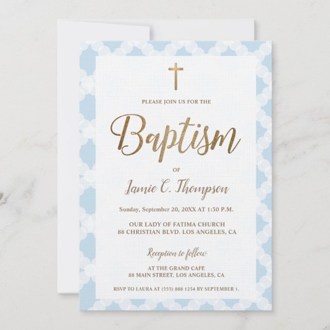 Elegant Blue Pattern Gold Cross Baptism Invitation (Front)