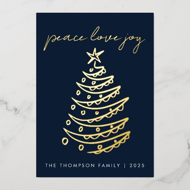 Elegant Blue Peace Love Joy Gold Foil Holiday Card (Front)