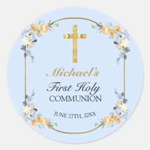 Elegant Blue Peach Floral 1st Holy Communion Classic Round Sticker