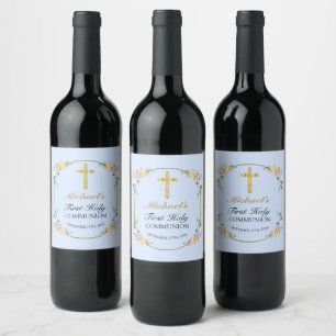Elegant Blue Peach Floral 1st Holy Communion Wine Label