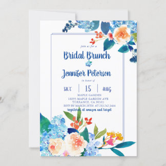 Elegant Blue & Peach Floral Bridal Brunch Invitation