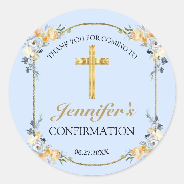 Elegant Blue Peach Floral Confirmation Thank You  Classic Round Sticker (Front)