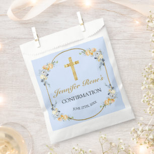 Elegant Blue & Peach Floral Gold Confirmation  Favour Bag