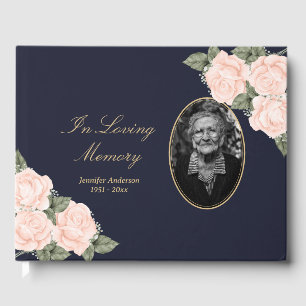 Elegant Blue Peach Floral Photo Funeral Guest Book