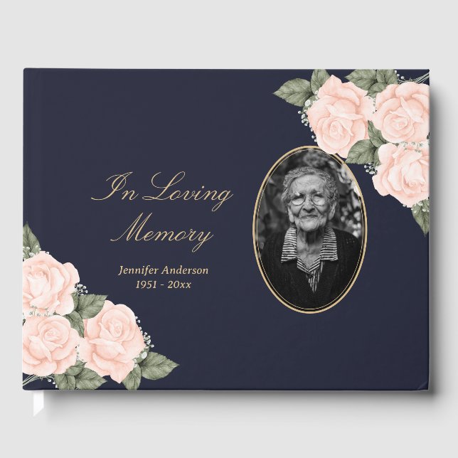 Elegant Blue Peach Floral Photo Funeral Guest Book (Front)