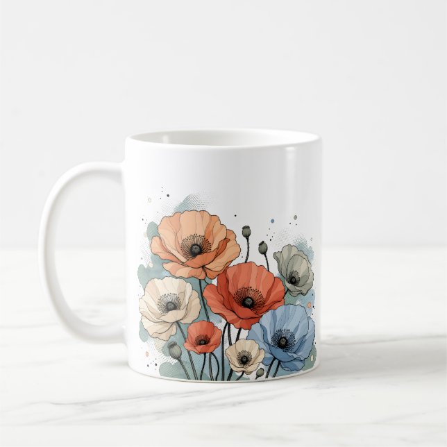 Elegant Blue & Peach Flower Design Coffee Mug (Left)