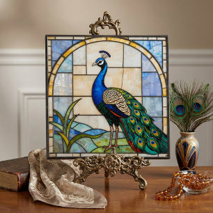 Elegant Blue Peacock Faux Stained Glass Mosaic Art Tile