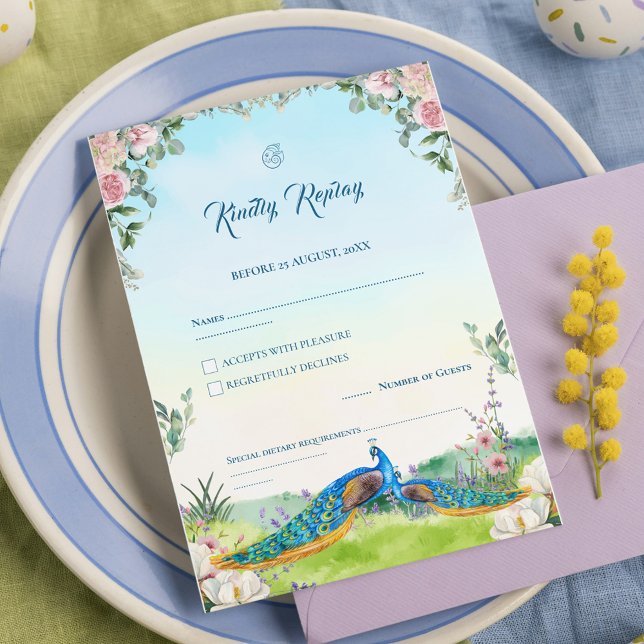 Elegant Blue Peacock Floral Wedding Theme RSVP Card (Creator Uploaded)