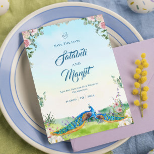 Elegant Blue Peacock Floral Wedding Theme    Save The Date
