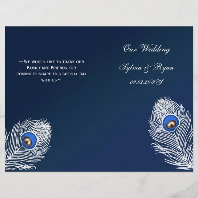 Elegant blue peacock folded Wedding program (Front)