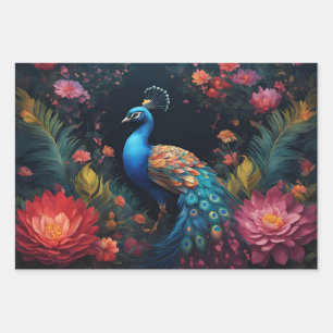 Elegant Blue Peacock in Colorful Floral Garden Wrapping Paper Sheet