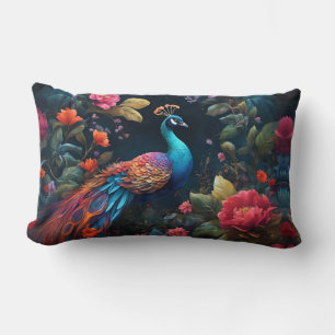 Elegant Blue Peacock in Colourful Garden Lumbar Pillow