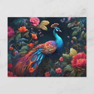 Elegant Blue Peacock in Colourful Garden Postcard