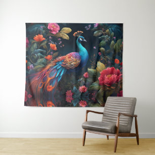 Elegant Blue Peacock in Colourful Garden Tapestry