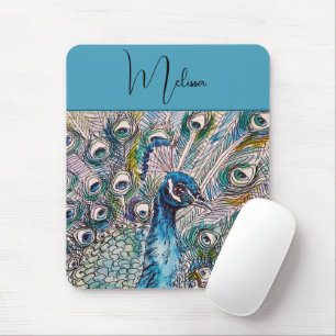 Elegant Blue Peacock Watercolor Art Birthday Mouse Pad