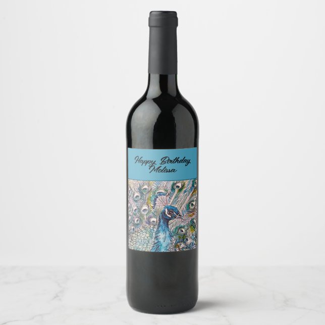 Elegant Blue Peacock Watercolor Art Birthday Wine Label (Front)