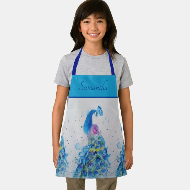 Elegant Blue Peacock Watercolor Art Girls Apron (Insitu)