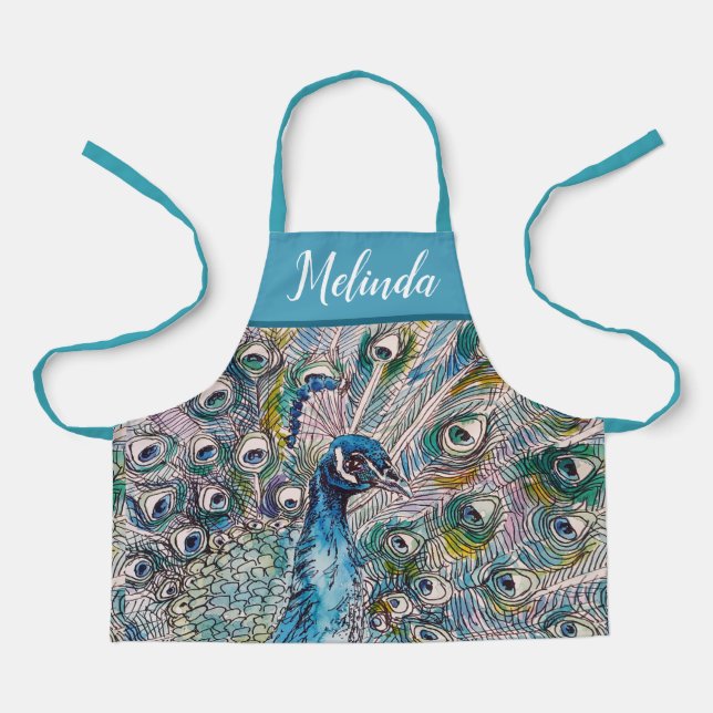 Elegant Blue Peacock Watercolor Art Kids Apron (Front)