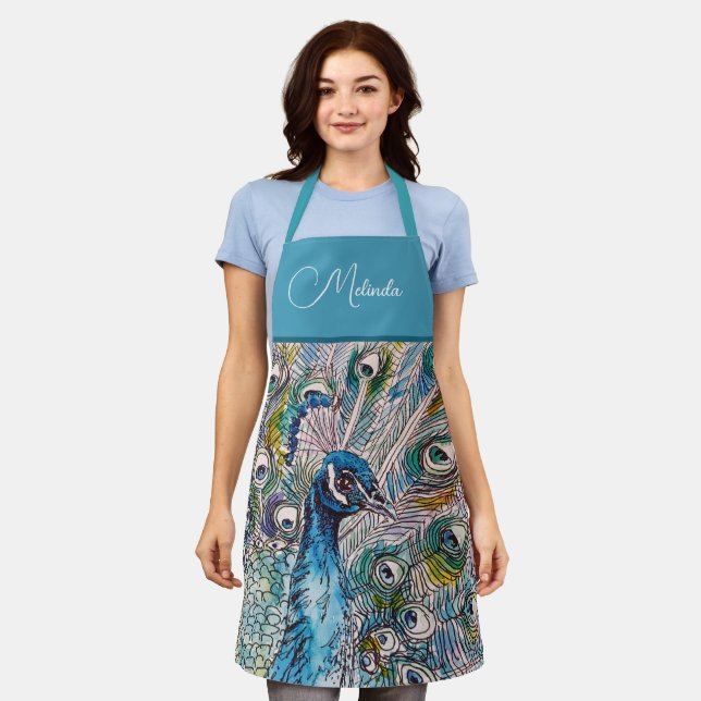 Elegant Blue Peacock Watercolor Art Kids Apron (Worn)