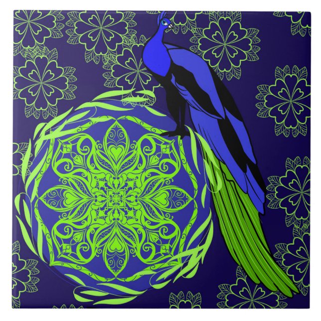 Elegant Blue Peacock with Green Mandala Tile (Front)