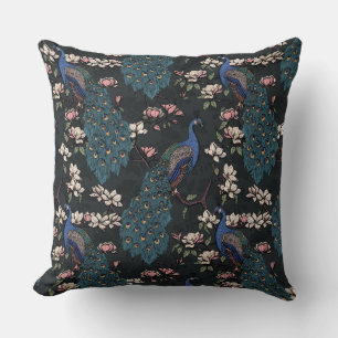 Elegant Blue Peacocks, Magnolia Flowers, Branches  Throw Pillow
