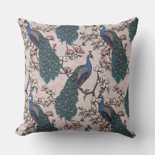 Elegant Blue Peacocks, Magnolia Flowers, Branches Throw Pillow