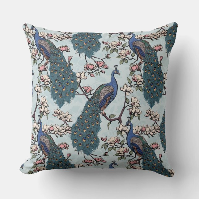 Elegant Blue Peacocks, Magnolia Flowers, Branches Throw Pillow (Front)