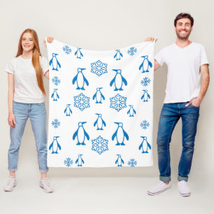 Elegant Blue Penguins With Snowflakes Pattern Fleece Blanket