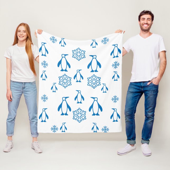 Elegant Blue Penguins With Snowflakes Pattern Fleece Blanket (In Situ)