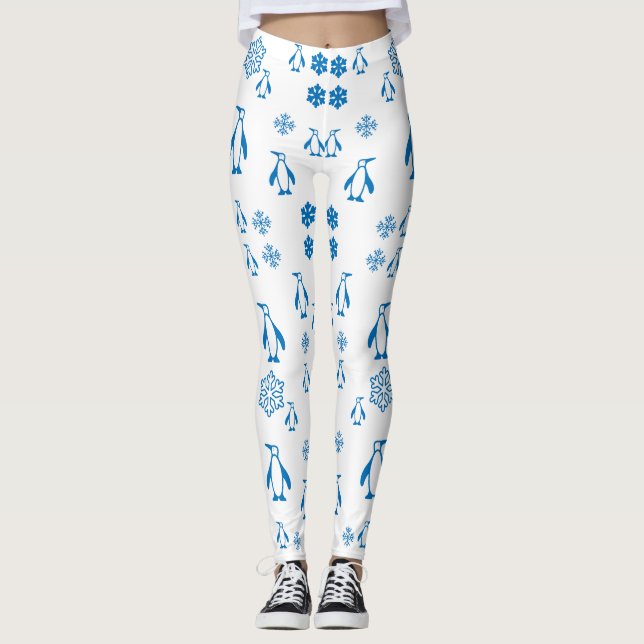 Elegant Blue Penguins With Snowflakes Pattern Leggings (Front)