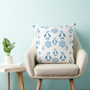 Elegant Blue Penguins With Snowflakes Pattern Throw Pillow