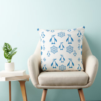 Elegant Blue Penguins With Snowflakes Pattern Throw Pillow