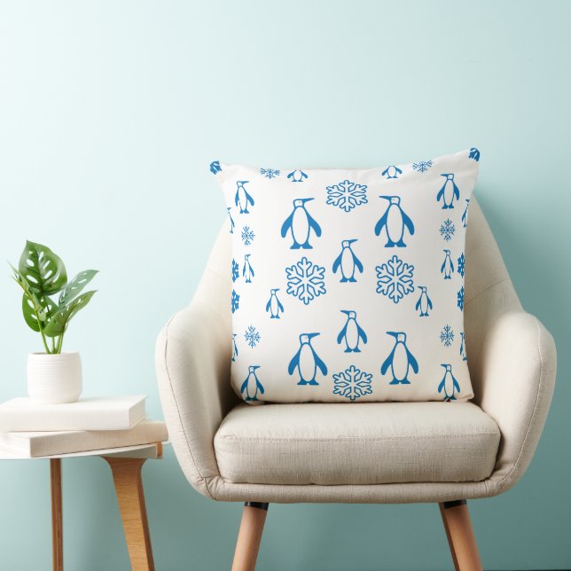 Elegant Blue Penguins With Snowflakes Pattern Throw Pillow (Chair)