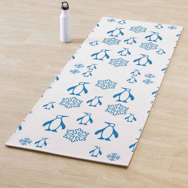 Elegant Blue Penguins With Snowflakes Pattern Yoga Mat (In Situ)