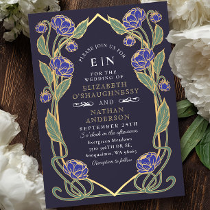 Elegant Blue Peony Art Nouveau Floral Wedding Invitation