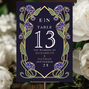 Elegant Blue Peony Art Nouveau Floral Wedding Table Number