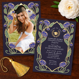 Elegant Blue Peony Art Nouveau Graduation Party Invitation
