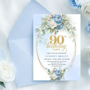 Elegant Blue Peony Gold 90th Birthday Invitation