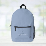 Elegant Blue Personalized Printed Backpack<br><div class="desc">Minimal and elegant light blue backpack. Personalize with your monogram initials in a chic dark blue script and your name in simple modern white typography.</div>