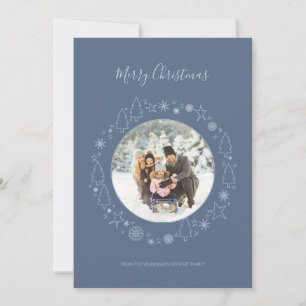 Elegant Blue Photo Handrawn Wreath  Holiday Card