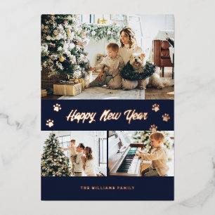 Elegant Blue Photo Happy New Year Rose Gold Foil Holiday Card